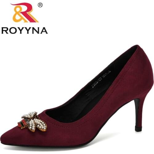 ROYYNA 2020 New Designers Fashion Style Pointed Toe Pump Women Dress High Heels Flock Shoes Woman Wedding Shoes Zapatos Mujer