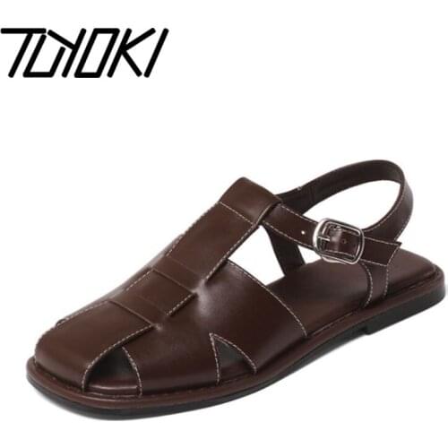 Tuyoki Size 33-40 Women Summer Shoes Real Leather Buckle Flat Heel Sandals For Women Fashion Casual Women Daily Vacation Shoes