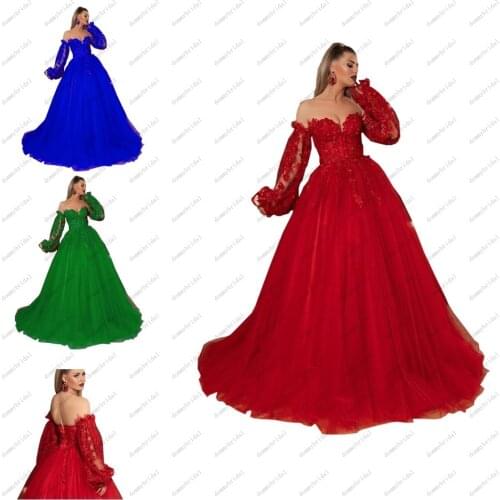 2021 Lovely Red Royal Blue Green Detachable Poet Sleeves Prom Evening Dresses Formal Gown 3D Floral Flowers Tulle Cheap Long