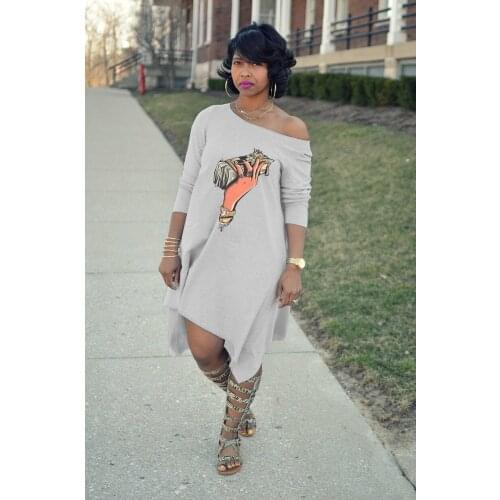 S-XXXL Womens Long Sleeve One Off Shoulder Print Loose Fit Asymmetrical T Shirt Knee Length Mini Dress
