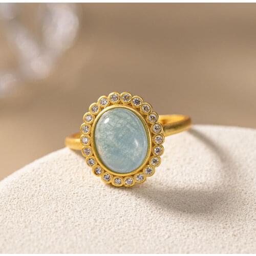 S925 Sterling Silver Oval Ring Exquisite Natural Hetian Jade Blue Chalcedony Ring Court Retro Non-Fading Ornament for Women