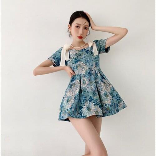 2021 Summer New Jacquard Embroidery Dress Womens Design Sense Square Neck Bowknot Puff Sleeve A-Line Mini Dress