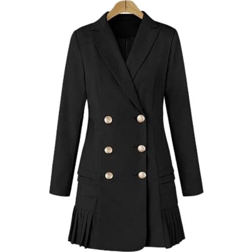 2021 New Spring Womens Windbreaker Lapel Long-sleeved Double-breasted Pleated Temperament Dress Long Suit Jacket