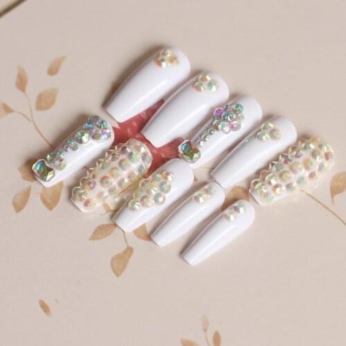 24pcs latest candy long ballet handmade crystal diamond fake nails sexy white PW-1