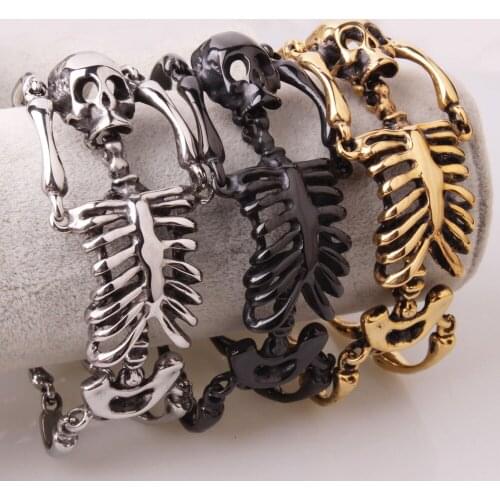 34.8mm Fashion Vintage Style Stainless Steel Gold/Silver Color/Black Skeleton Skull Bracelet Mens Boys Biker Wristband Jewelry