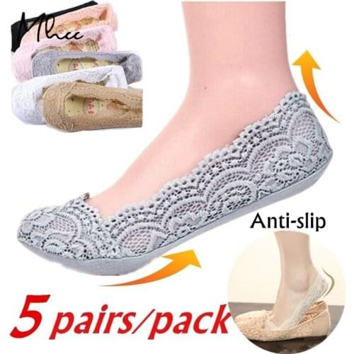 5pair/pack Fashion Women Girls Cotton Invisible Anti-slip Ankle Socks Lace Socks Women Invisible Socks No Show Socks Non-slip