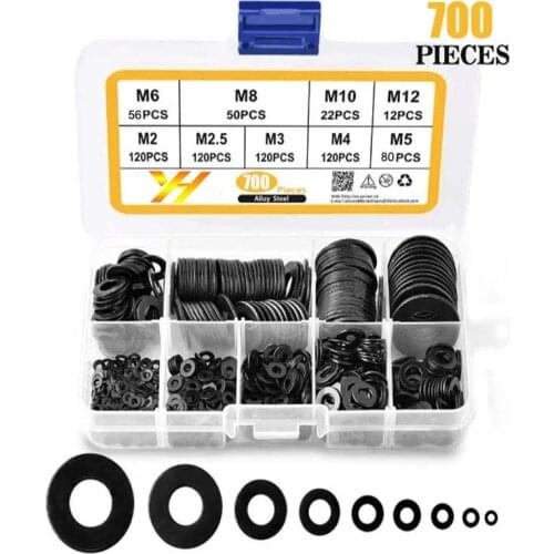 700PCS Carbon Steel Black Flat Gasket Washer Kit M2-M12 Hardware Fastener