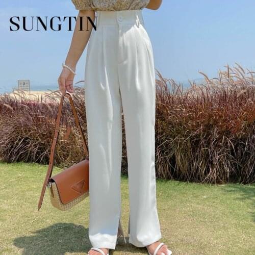 Sungtin Office Lady Elegant Solid High Waist Buttons Suit Pants Casual Split Pocket Wide Leg Pants Vintage 3 Color Female Pants