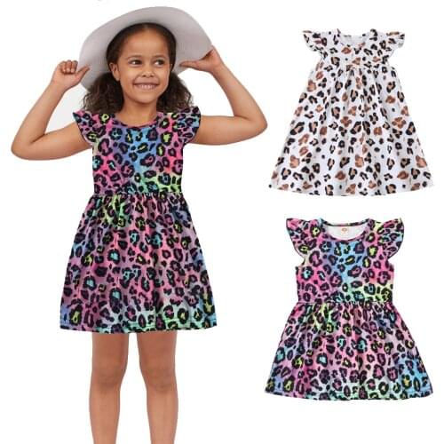 Toddler Kids Baby Girls Leopard Dresses Sweet Crew Neck Petal Ruffle Sleeve Sundress Casual Clothes 12M-5Y