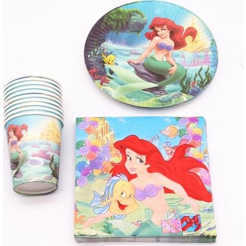 Disney Mermaid Ariel Party Decor Baby Shower Birthday Party Disposable Tableware Kit Kids Girl First Birthday Party Supply