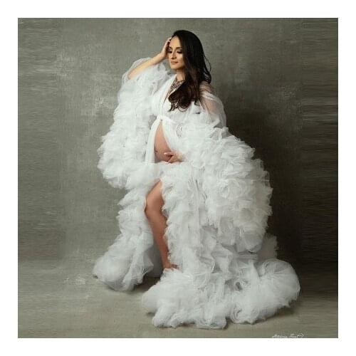 Extra Puffy White Tulle Maternity Robes Custom Made Plus Size With Waistband Floor Length Ruffles Fluffy Sheer Women Pregnan