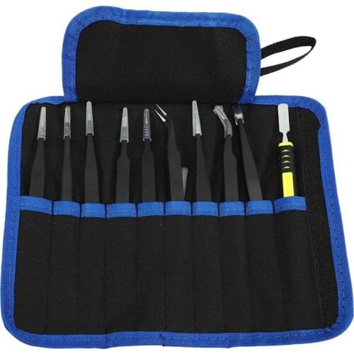 GTBL Precision Tweezer Set,10 Pack ESD Tweezers Set Stainless Steel Long Tweezers with Curved,Pointed,Slanted Tips
