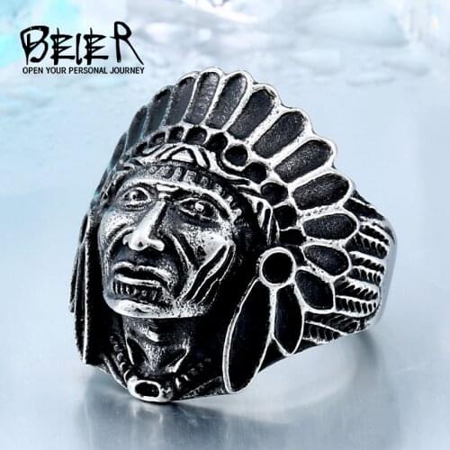 BEIER Chief Stainless Steel USA Indiana Motorcycle Rider Fashion Mens Skull Ring BR8-231 US Size 7-13