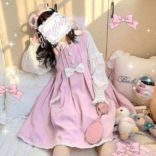 Y2k 2-Piece Set Japanese Cute Preppy Style Bow Sleeveless Dress Lolita Kawaii Spring Autumn Peter Pan Collar Long Sleeve Blouse