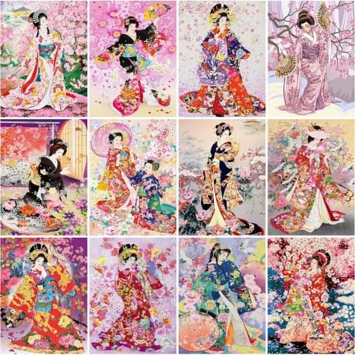 MomoArt 5D DIY Diamond Painting Japanese Girl Rhinestone Picture Diamond Embroidery Flower Diamond Mosaic Portrait Wall Decor