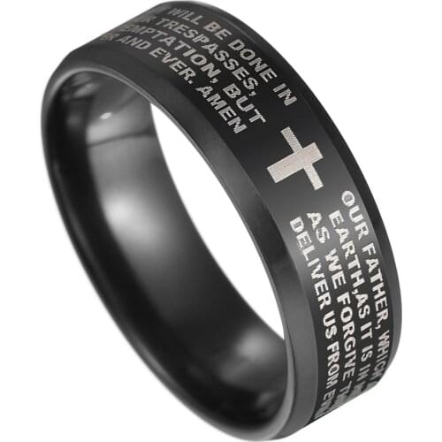 UAGE Stainless Steel Black Color Jesus Cross Ring Letter Bible Prayer Finger Rings For Men 8mm Amulet Jewelry