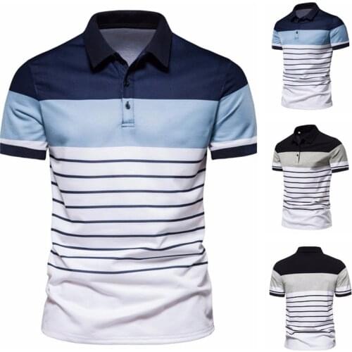 2021 New Summer Fashion Casual Mens Striped Lapel Slim Business Casual Short-sleeved Mens POLO Shirt