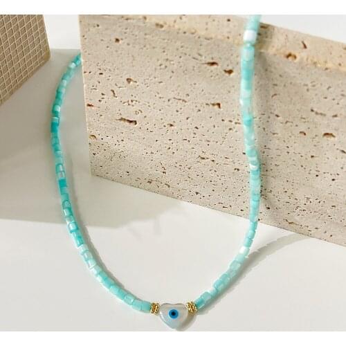 Monlansher Boho Blue Rice Beads Shell Evil eye Necklace Womens Shell Handmade Necklace Bohemian Daily Fashion Necklaces Jewelry