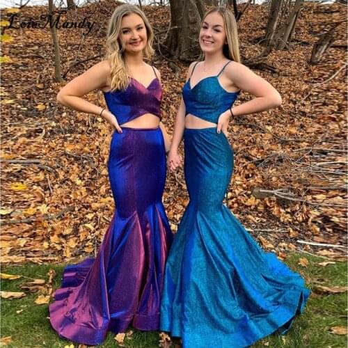 Two Pieces Mermaid Prom Dresses Long 2021 Shining Sequined Dress Woman Party Night Criss Cross Backless Rochii Vestido de festa