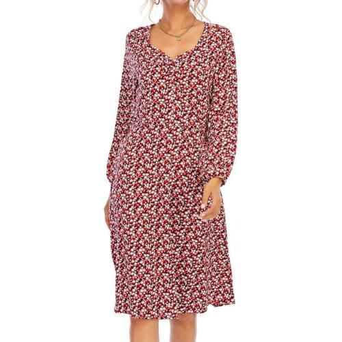 Chiffon Dress For Women 2021 Spring Autumn Floral Print V-Neck Casual Midi Dress Female Long-Sleeve Slim Elegant A-Line Dresses