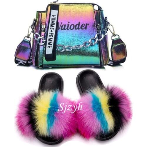 Womens Summer Fox Fur Slippers Letter Shoulder Bag Shoes Sets Furry Slides Female Crossbody Handbag Lady Plush Sandals Purses