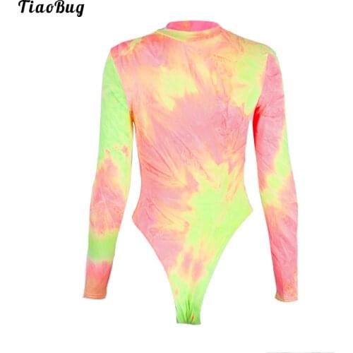 Fashion Spring Summer Women Tie Dye Print Swimming Bodysuit O-Neck Long Sleeve Press Button At Crotch Yoga Gym Sport Leotard