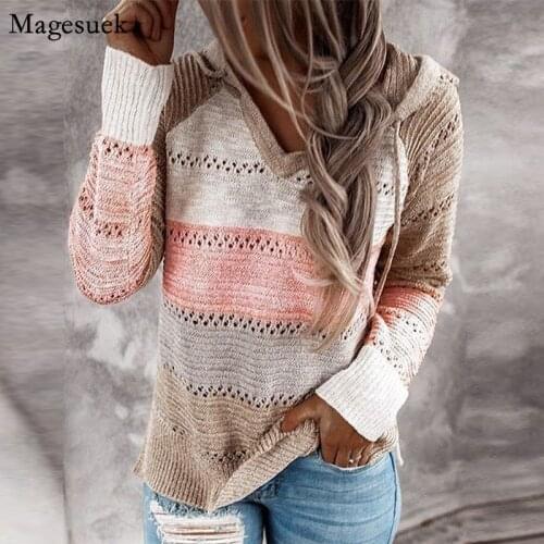 Autumn V-Neck Patchwork Hooded Sweater Women Long Sleeve Jumper Women Pullover Knitted Sweater Winter Plus Size Sweaters 11663