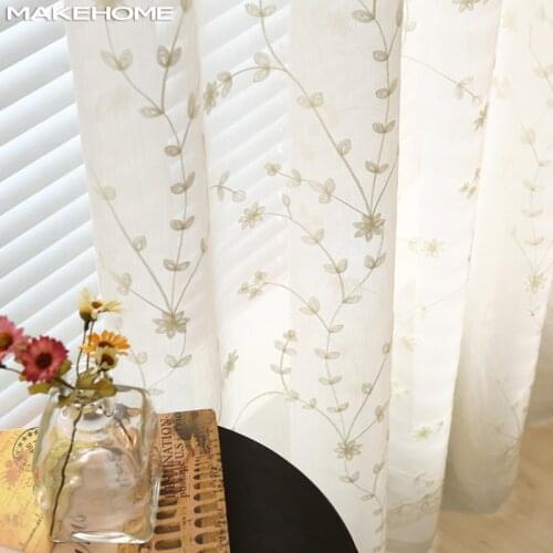 Embroidered Flower Leaves Tulle Curtains For Living Room White Blue Sheer Voile Curtains For Bedroom Finished Curtain Drapes