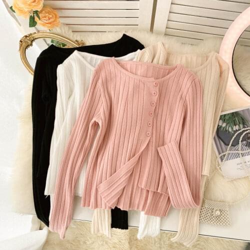 SINGREINY Design Irregular Knitted Cardigan Women Long Sleeve O Neck Button Slim Tops 2021 Autumn Korean Fashion Short Outerwear
