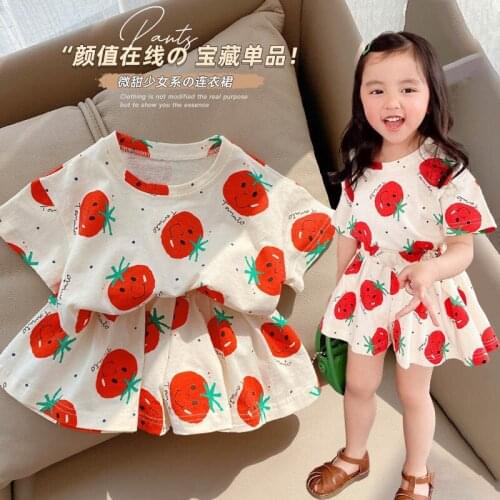 3-7 Years Children Girls Clothes Set Tomato Print T-Shirt + Short Loose Pants Summer Cotton Cute White Outfit