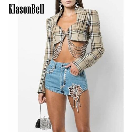 8.25 KlasonBell Plaid Diamonds Rhinestone Tassels Chain Decoration Short Blazer Women