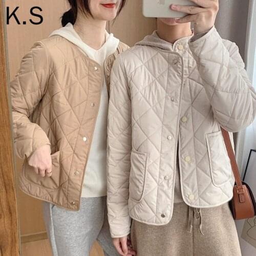 Womens Coat All-Match Rhombus Collarless Lightweight Short Jacket Loose 2021 SpringNew Cotton Quilted Jacket