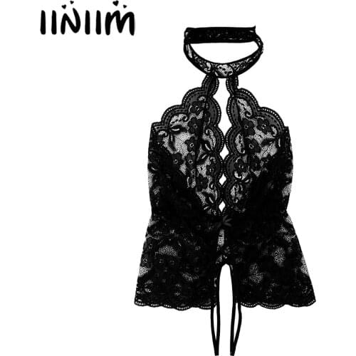 Iiniim Womens See-through Lace Exotic Lingerie Teddies Crotchless Sissy Open Butt Crotch Bodysuit Bodycon Baby Dolls