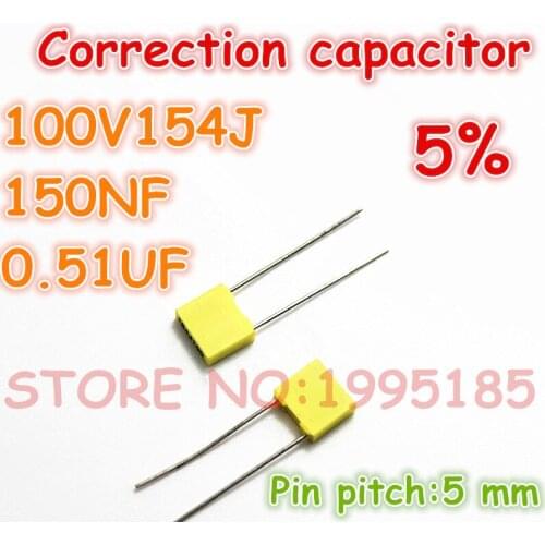 100pcs/lot correction Capacitor 100V154J 150NF 0.51UF 5% Metallized polyester film capacitor Pin pitch 5 mm