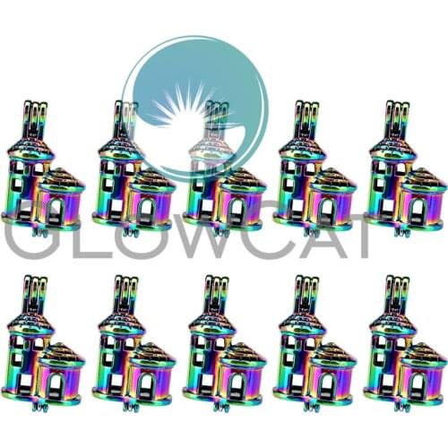 10x C665 Rainbow Color Castle Building Beads Cage Jewelry Making Perfume Diffuser Pearl Cage Locket Pendant