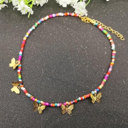 2020 Fashion Colorful Beads Butterfly Choker Necklace for Women Boho Gold Silver Color Butterfly Pendant Necklace Women Jewelry