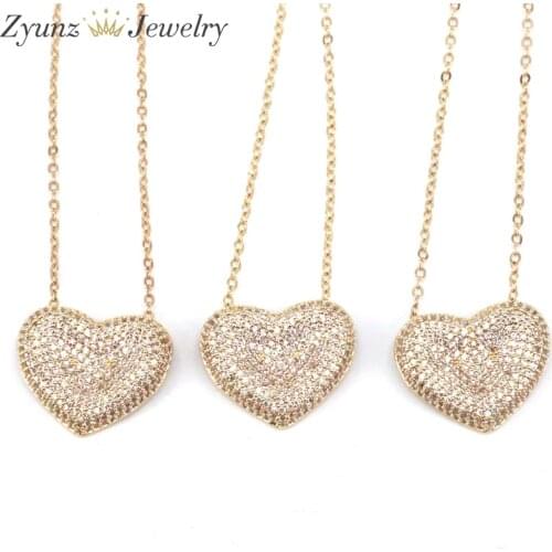 5PCS, Gold Color White Heart Collar Cubic Zirconia Love Heart Pendant Necklace Copper CZ Stone Jewelry Gift For Women