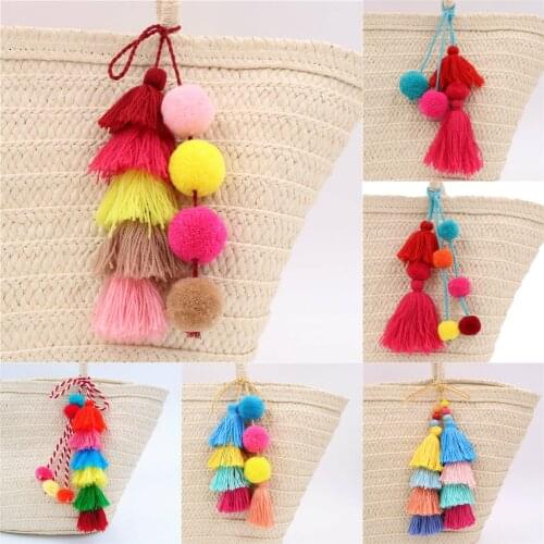 1pc Bohemian Handmade Bag Pendant Women Accessories Charm Pompom Keychain Multicolor With Tassels Gift For Summer