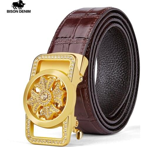 BISON DENIM Genuine Leather Belt Business Trouser Strap Pant Ceinture Homme Cowskin Automatic Buckle Cowhide Men Belts