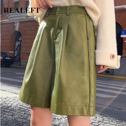 REALEFT Autumn Winter Faux PU Leather Womens Half Pants 2021 New Elastic High Waist Wide Leg Pants Vintage Trousers Pockets