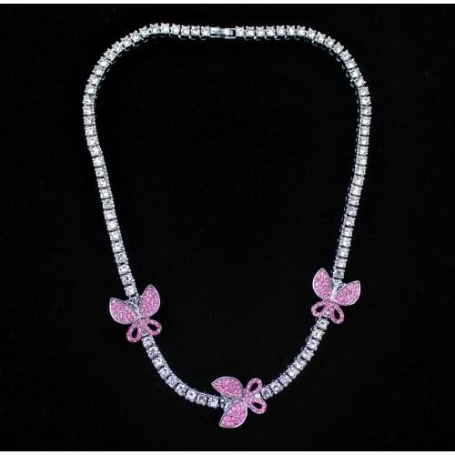 1 Row Tennis Chain Butterfly Charm Crystal Butterfly Pendant Necklace Luxury Rhinestone Shining Choker Necklace for Women