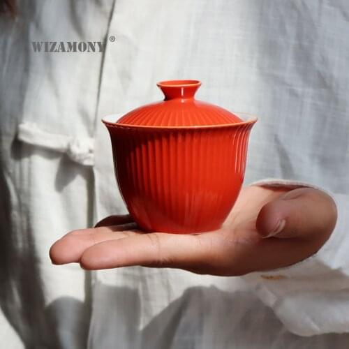 WIZAMONY Glazed jade mud white porcelain bowl red purple and gold edge Kung Fu Sancai Cup ceramic tea bowl teacup wholesale