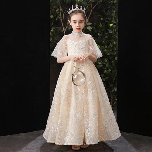Champagne Flower Girls Dresses Princess Lace Sequined Ball Gown Tiered Floor-Length Half Tulle Embroidery Kids Party Dress D232