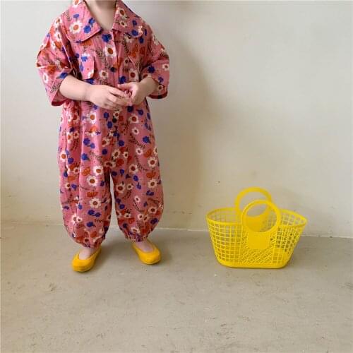 Korea childrens wear 2021 summer clothes new Korean boys and girls floral jumpsuit childrens short sleeve jumpsuit