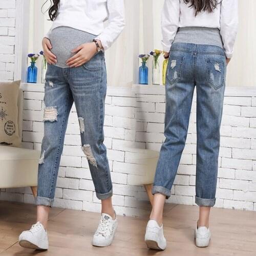 Pregnant women jeans autumn 2019 spring new fashion straight tube tide mother Korea hole loose nine pants