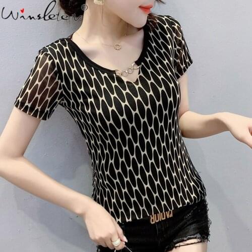 Summer Korean Clothes Mesh Print T-Shirt Fashion Hollow Out Women Tops Short Sleeve Sexy Back All Match Tees Hot 2021 T13620A