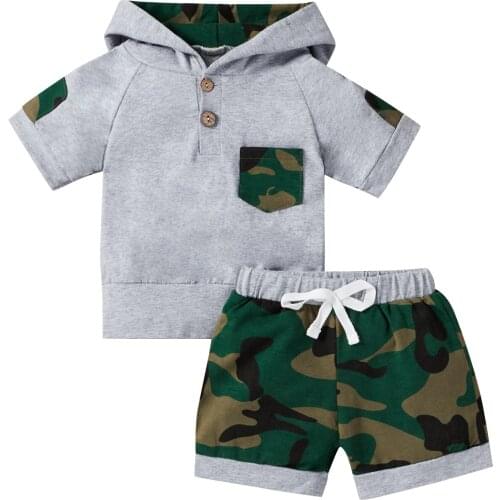 2021 New 0-18M Summer Causal Kid Baby Boy Clothes Sets Camouflage Print Hooded Short Sleeve Pocket Popular Tops Shorts Wholesale