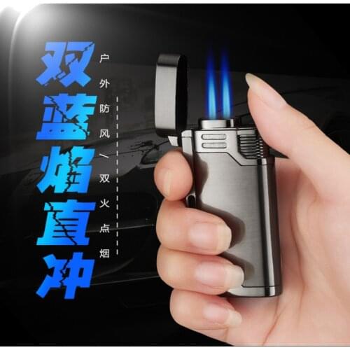 Gas refilling lighter two blue windproof flames metal lighter