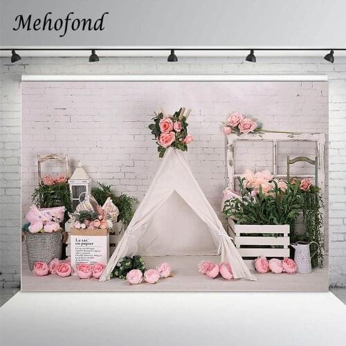 Mehofond White Brick Wall Pink Flower Girl Cake Smash Background For Photography Tent Green Plants Birthday Backdrop Photo Props