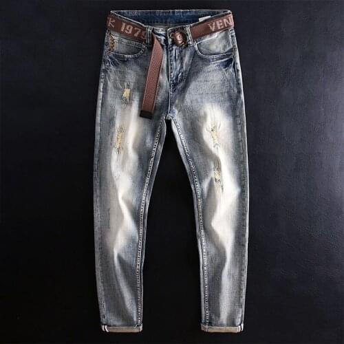 Newly Street Fashion Men Jeans Retro Light Blue Elastic Slim Fit Ripped Jeans Men Korean Style Embroidery Designer Casual Pants